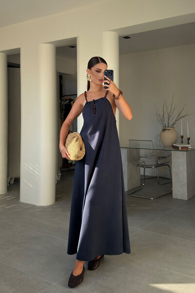 MAGARDE Shoulder Beaded Linen Dress - Dark Blue