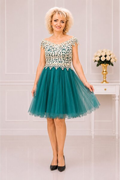 OEM Rochie de gala din tul verde si dantela aurie cu perle aplicate