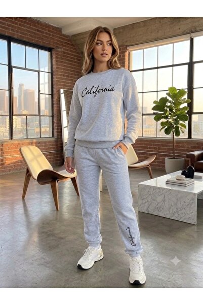 WOODROFFE Unisex California Printed Crew Neck Sweatpants Set Oversize