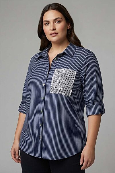 Metpoint Trend42Plus Large Size Striped Navy Blue Shirt with Pocket Mesh and ...
