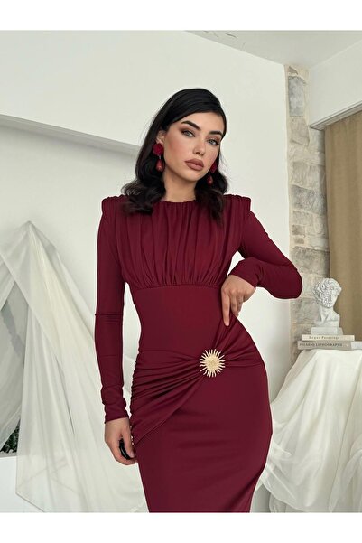 Clothes Fast Women's Burgundy Midi Dress with Draped Long Sleeves and Gathere...