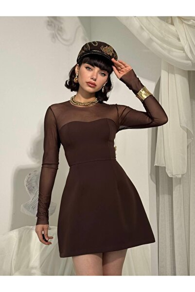 Clothes Fast Rochie mini maro pentru femei, din tul transparent, cu mâneci lu...