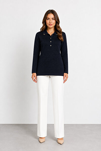 bihan store Women's Polo Collar Long Sleeve Sweater Trk 1081 - Navy Blue