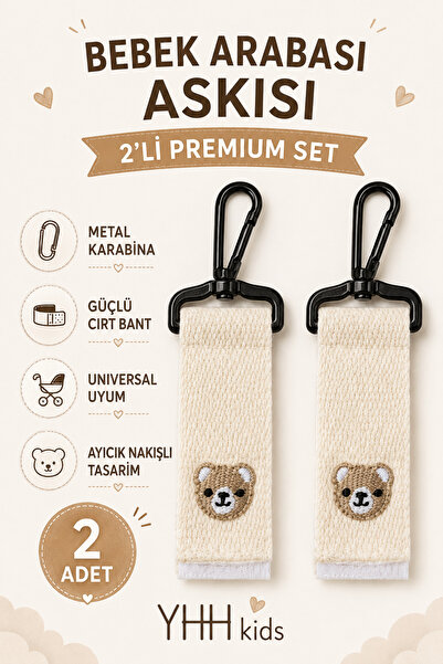YHH Kids TeddyHook 2'li Bebek Arabası Askısı Metal Karabinalı Ayıcık Nakışlı