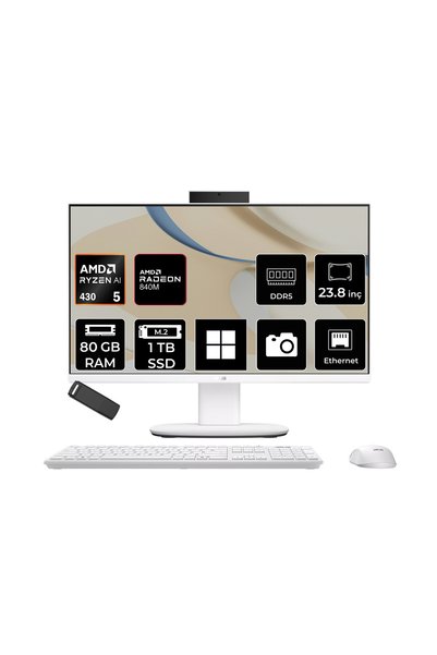 ASUS Expertcenter V600 Aio (VM640GA) AMD RYZEN AI 5 430 80GB RAM 1TB SSD AMD Radeon 840M 23.8" Full HD (1920x1080) Win11 Home VM640GA-WPC030WP445 Beyaz All In One Bilgisayar + Per4 USB Bellek