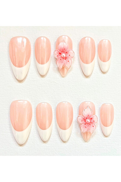 Nailvana Μικρά Χειροποίητα Αυτοκόλλητα Νύχια με Άνθη Κερασιάς και Γαλλική Άκρη