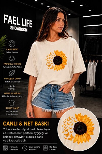 FAEL LİFE Unisex Wide Cut T-Shirt with Sunflower and Daisy Print