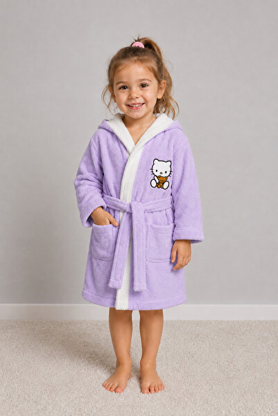 İQON Children's Hooded Bathrobe 100% Cotton – Hello Bby Lilac (5–6 Years Old)