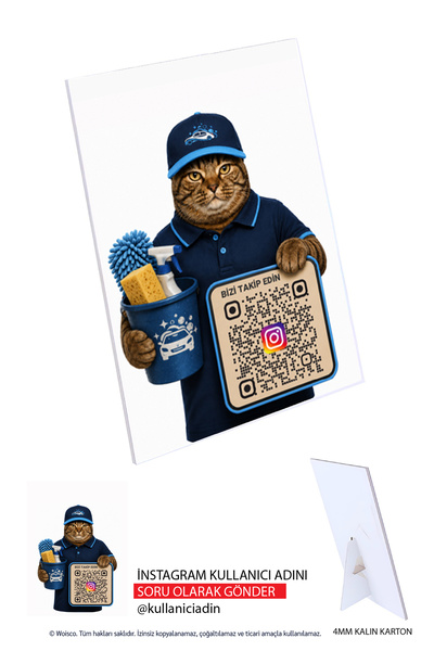 Oto Yıkama Özel Instagram QR Kodlu Masa Standı, Instagram QR Kodlu Masa Çerçevesi (4MM Kalın Karton) 14x19cm