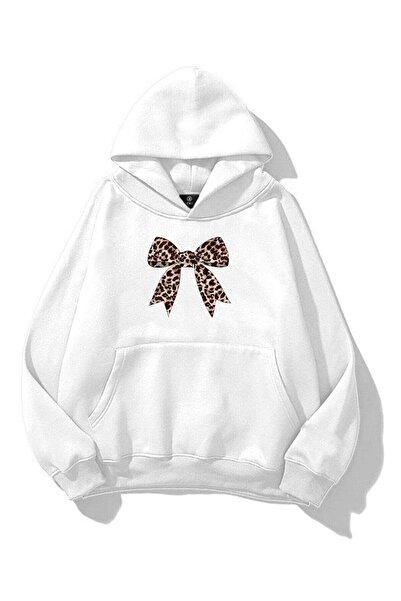 LUMSHİNE Women's Leopard Ribbon Sweatshirt White