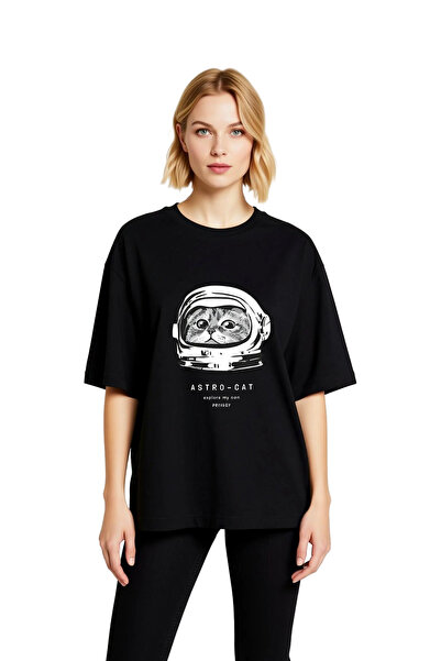 PayBuy Tricou cu mânecă scurtă cu imprimeu Astronaut Cat, supradimensionat, p...