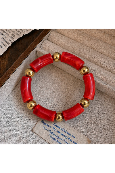synshop Red Gold Bone Marble Patterned Gold Beaded Bohemian Vintage Thick Ela...