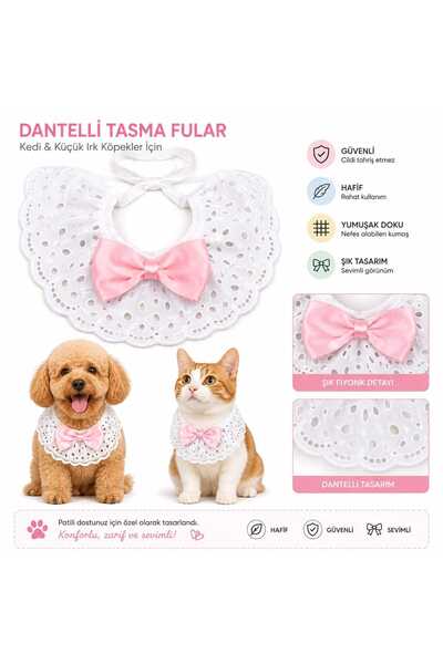 Daisy Kedi ve Küçük Irk Köpek İçin Dantelli Fular Tasma – Pembe Fiyonk Detayl...