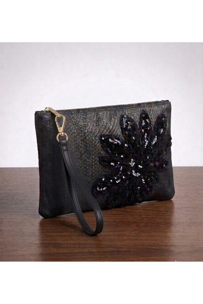 Ruche Atelier Antrasit Denim İşlemeli Clutch Çanta