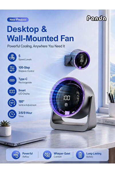 Panda Desktop Fan, Portable High-Speed Mini Desk Fan with LED Display, 3/6/9 ...