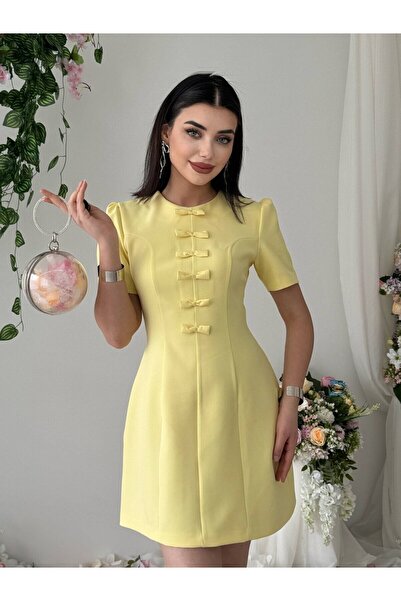 Clothes Fast Rochie mini Sari pentru femei, cu detaliu fundita, cu maneca scu...