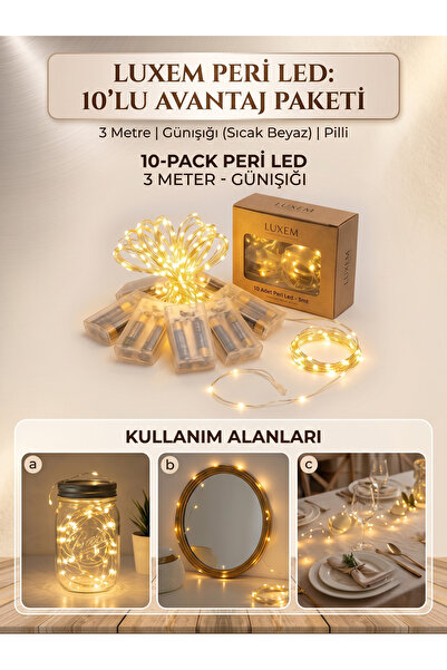 Massaltay Peri LED Işık 3 Metre Gün Işığı 10'lu Dekoratif LED Tel Işık Parti, Düğün, Kına, Nikah, Oda ve Masa Süsleme