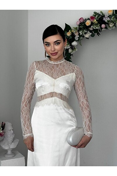 Clothes Fast Women's Ecru Midi Dress with Lace Transparent Detail Satin Long ...