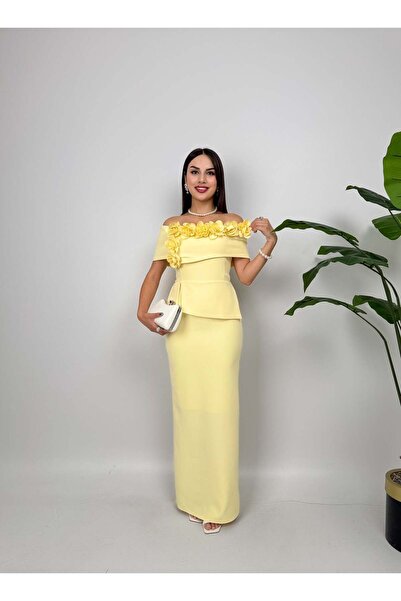 Clothes Fast Women's Yellow - Yellow Carmen Collar Rose Appliqué Peplum Detai...