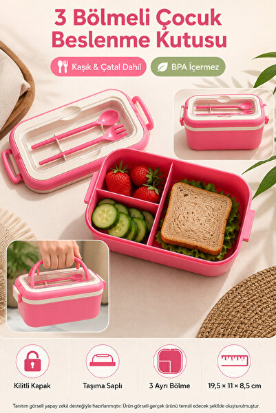 Open Home Concept Pink 3-Compartment Children's Lunch Box with Spoon and Fork...