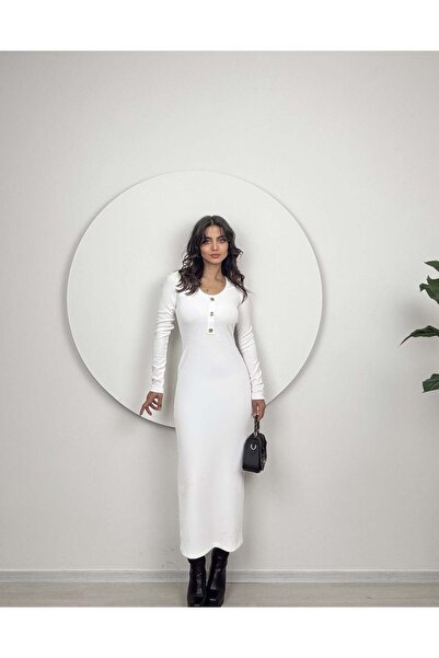 Clothes Fast Women's White - White V-Neck Button Detailed Long Sleeve Texture...