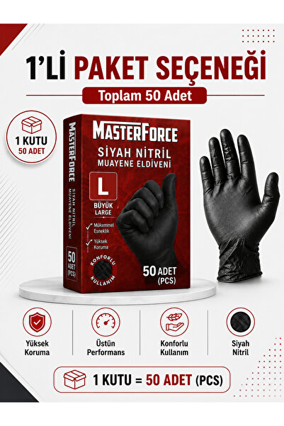 Masterforce Siyah Nitril Eldiven 50 Adet (1 Paket) – Ekstra Kalın, Pudrasız, Lateks İçermez