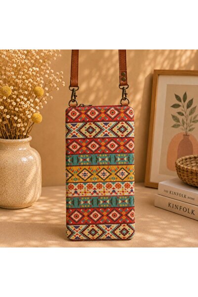 BIJUTERI Cnt-6012 Tan Red Turquoise Kilim Patterned Tapestry Phone Bag |   Eo...