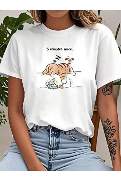 k222 Casual, Women's T-Shirt, Sleeping With Text 5 Minutes More, Everyday Wea...