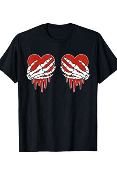 LİNA06 Everyday Cotton Tee, Anti Valentine Skeleton Hands Heart Goth Alt T-Sh...