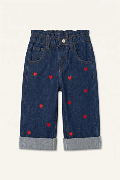 DeFacto 100% Cotton Wide Leg Heart Embroidered Double Leg Jean Trousers for Baby Girl I0608A526Au