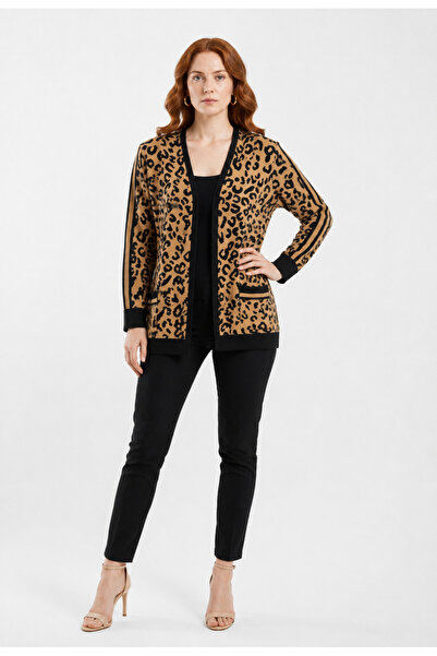 Neden Tekstil Women's Leopard Patterned Knitwear Cardigan with Hood