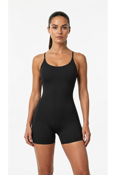 TWINTICKS Women's Black Cross-Back Strap Sports Shorts Jumpsuit Fitness Yoga Pilates