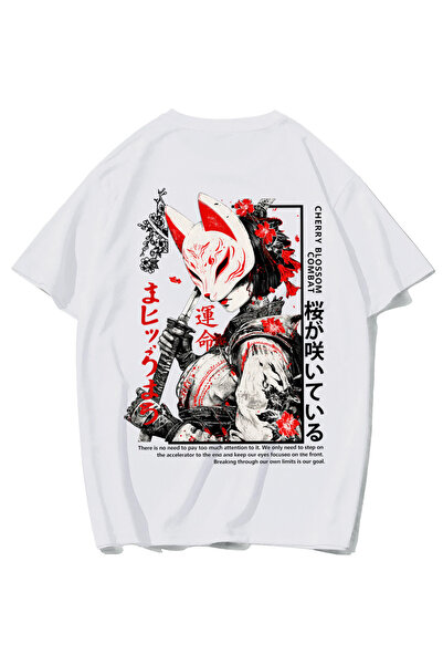BRZ COLLECTION Tricou Unisex Oversize Războinic Kitsune Sakura (ALB)