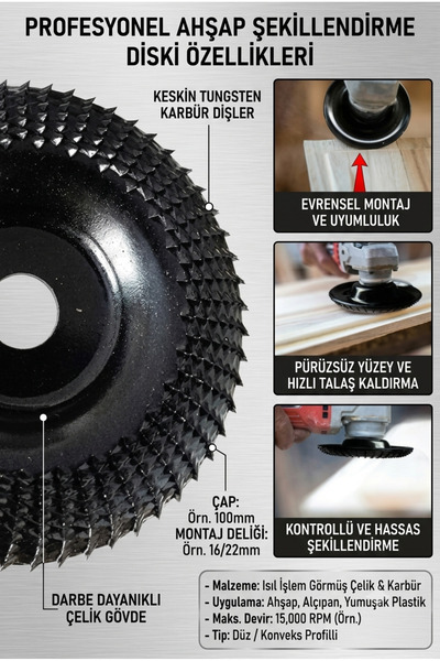 FRADOR Ahşap Ağaç Törpü Eğe Disk Şekillendirme 115 mm Avuç Taşlama Uyumlu