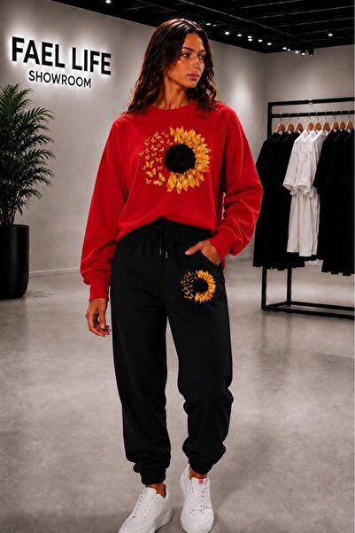 FAEL LİFE Unisex Wide Cut Zero Neckline and Sweatpants Moonflower Printed Set