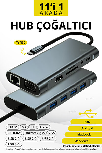 Pequip 11 In 1 Type-C USB Hub Adaptör HDMI 4x USB LAN VGA SD Kart Okuyucu Çev...