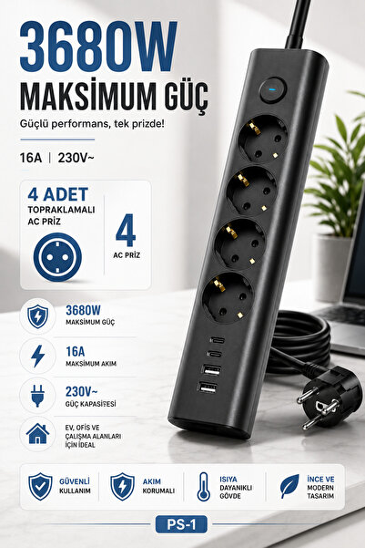 Merwish Akım Korumalı Çoklu Priz 3680W 16A 230V – 4 Topraklamalı AC Priz, 2 USB-A, 2 Type-C, Isıya Dayanıklı Gövde