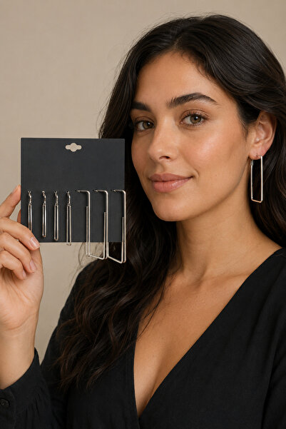 COCOSH TAKI Silver Color Rectangular Model Multiple Hoop Earrings Set
