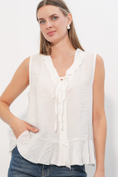 Bigdart Women's V-Neck Ruffle Shirt with Tie Detail 40033 - White