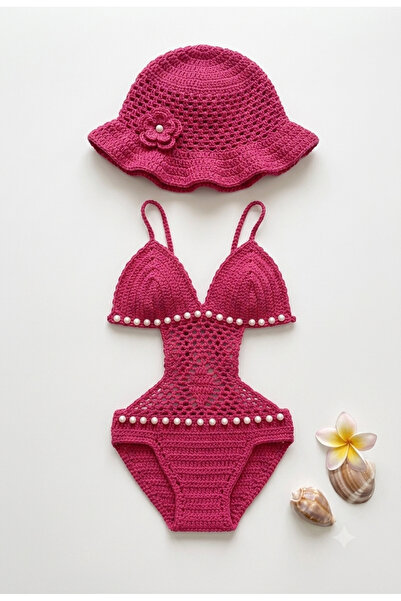MEGAHAN BOUTIQUE Megahan Kız Bebek İnci Detaylı El Örgüsü Mayokini ve Şapka T...