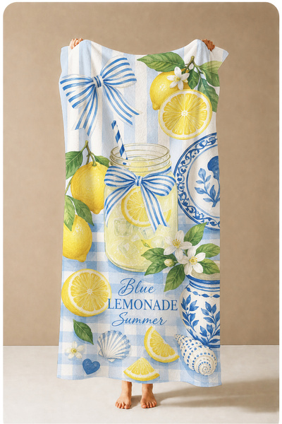 Evmila Mediterranean Lemon Blue Tile and Ceramic Patterned 70X150 Beach Towel...