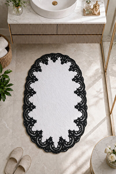 Teksev Gray Embroidered Non-Slip Leather Based Oval Bath Mat Laced Washable B...