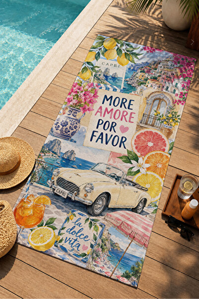 Evmila Retro Amore Written Italian Collage Patterned 70X150 Beach Towel - Dig...