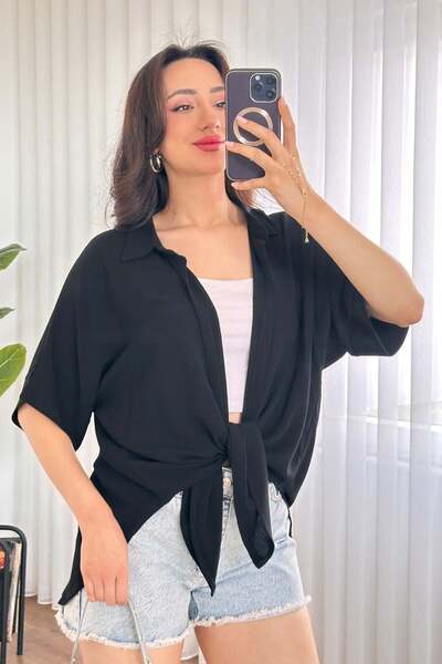Moda Days Women's Black Short Sleeve Tie-Up Kimono Cut Flowy Shirt Collar Blouse
