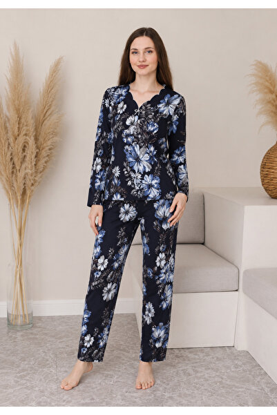 BALİS PİJAMA Women's Plus Size Floral Patterned Long Sleeve Pajama Set with E...