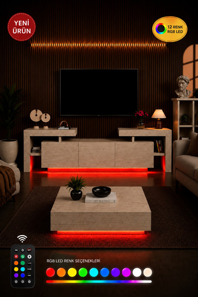 webotto 8 BulNis RGB Led Işıklı Tv Ünitesi ve RGB Orta Sehpa Takımı Traverten...