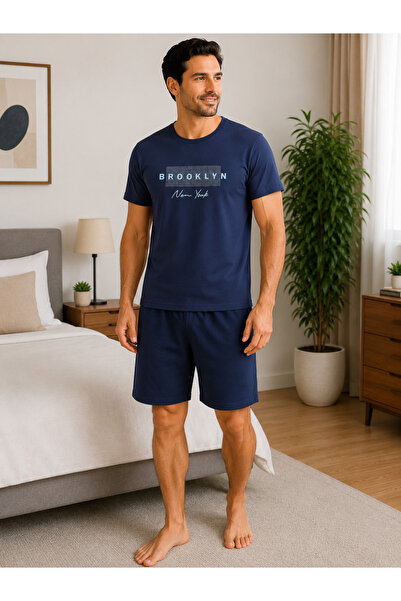 Mirano Pijama de bărbați din bumbac cu imprimeu Brooklyn, tricou bleumarin și...