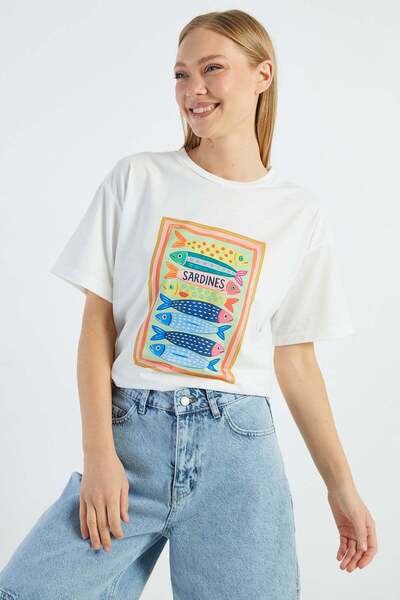 Fulla Moda Sardine Printed Crew Neck T-Shirt