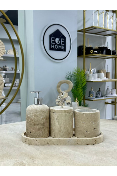 ege gross Decorative Travertine Natural 4-Piece Bathroom Set with Silver Details