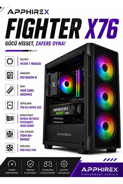 Apphirex FIGHTER X76 RYZEN 7 7800X3D 16GB DDR5 RAM 1TB M.2 SSD RTX5060Tİ 16GB...